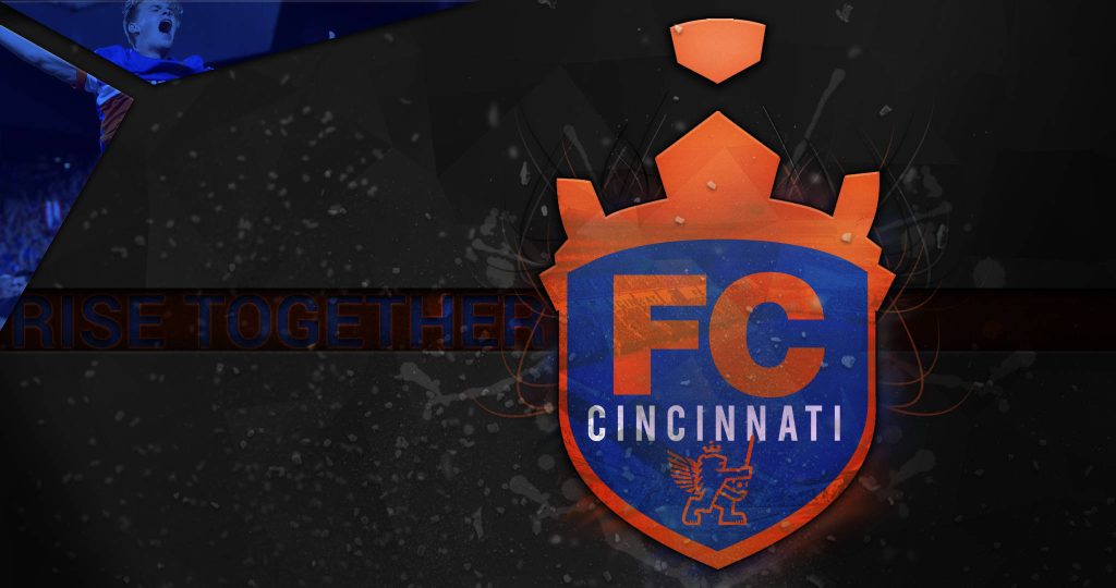 FC Cincinnati wallpaper with orange blue crest Rise Together motto and celebrating player backdrop
