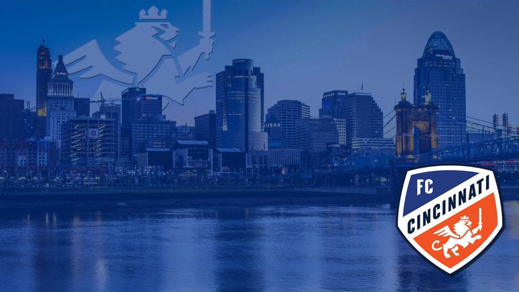 FC Cincinnati wallpaper with Cincinnati skyline Great American Tower Roebling Bridge blue twilight