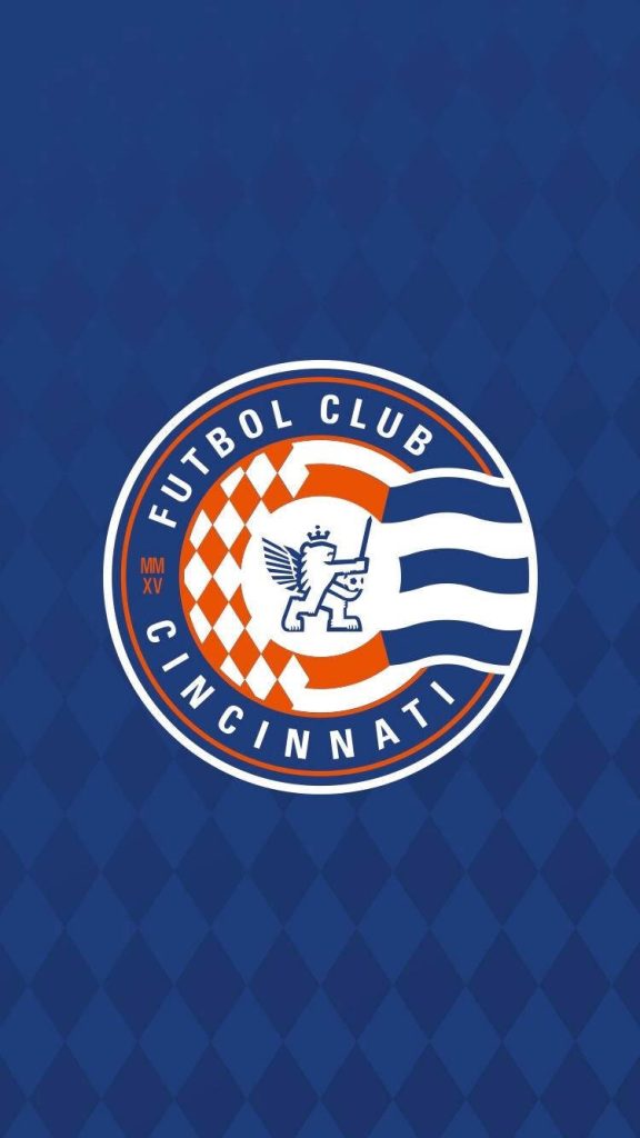 FC Cincinnati wallpaper featuring official crest with winged lion and orange checkerboard design
