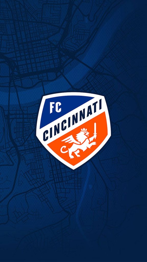 FC Cincinnati wallpaper with official crest winged lion sword on deep blue city map background