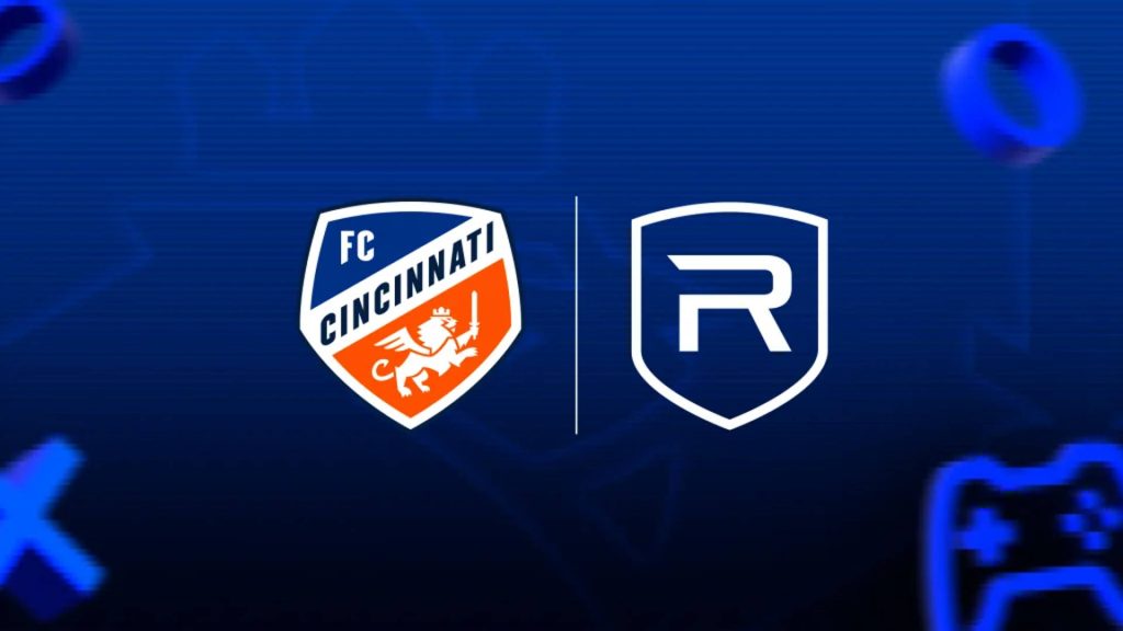 FC Cincinnati and Rival esports partnership wallpaper with soccer crest and game controller icons