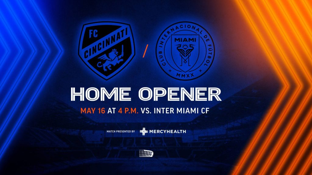 FC Cincinnati vs Inter Miami CF wallpaper with club crests blue orange flares stadium backdrop MLS matchday