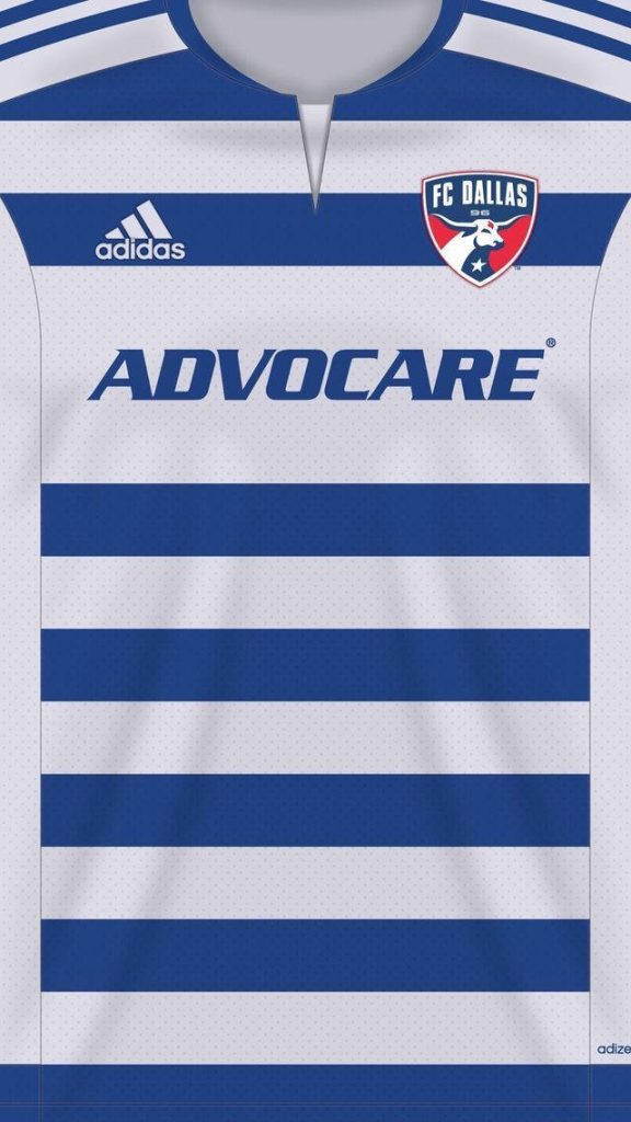 FC Dallas Advocare jersey wallpaper with white blue hoops Adidas logo and official team crest
