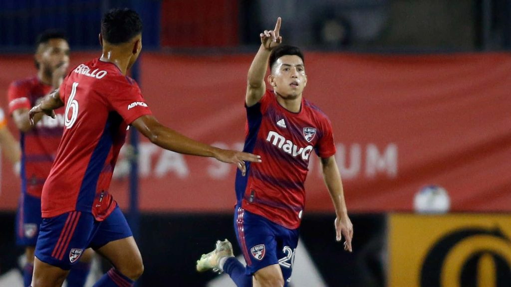 FC Dallas Alan Velasco Edwin Cerrillo celebrating in red blue kits vibrant MLS soccer wallpaper background