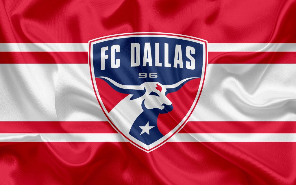 FC Dallas flag wallpaper with MLS logo and red white satin fabric background for fans