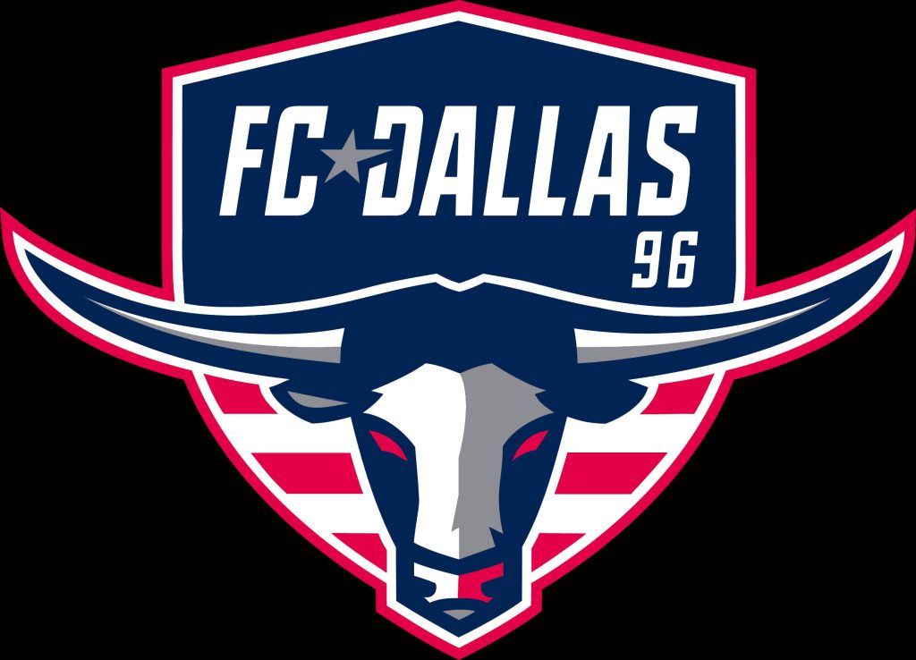 FC Dallas logo wallpaper with blue red white shield and stylized bull on black background