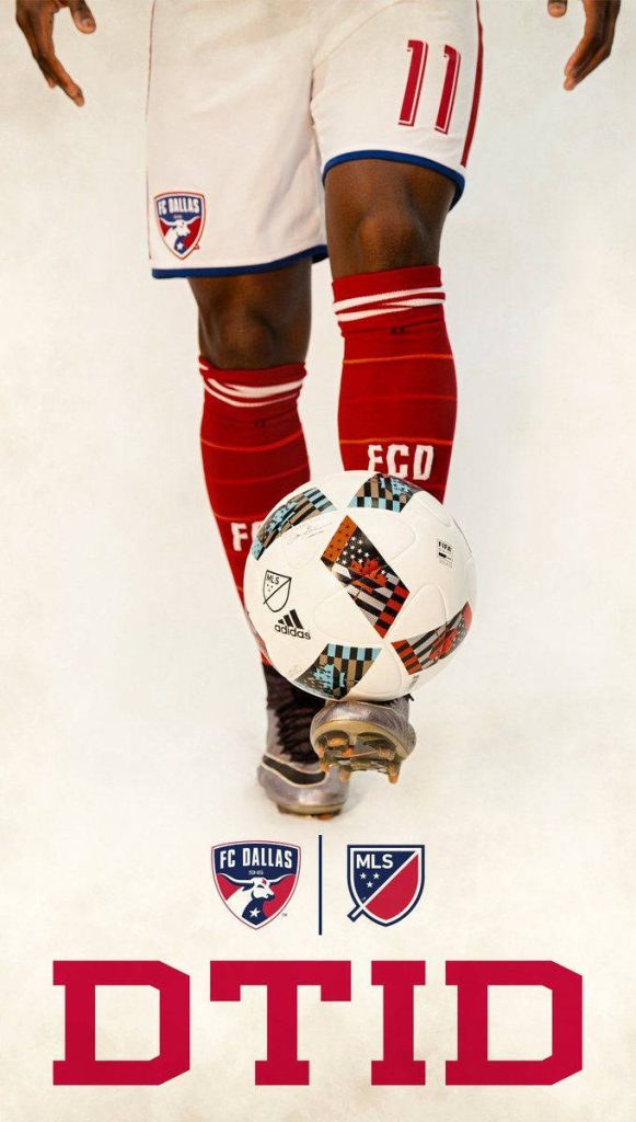 FC Dallas player number 11 in official kit controls Adidas MLS ball with DTID slogan wallpaper