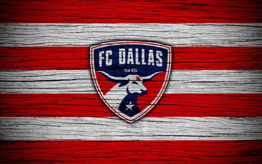 FC Dallas wallpaper with official crest on rustic red and white striped wood background