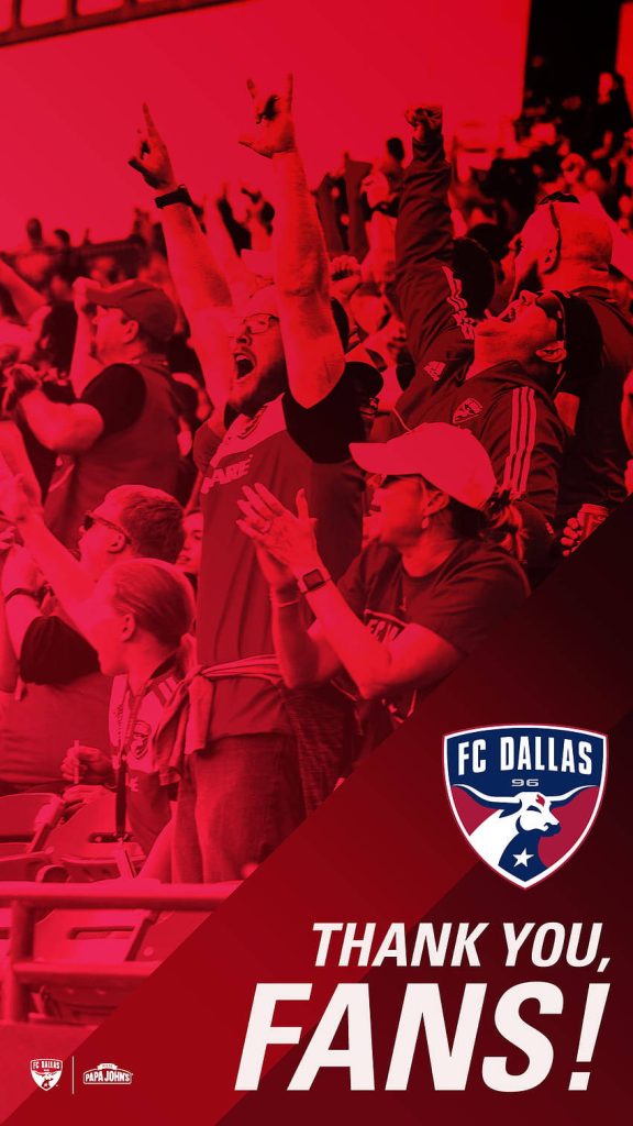 FC Dallas wallpaper with red-lit crowd, official crest, and Thank You Fans message background