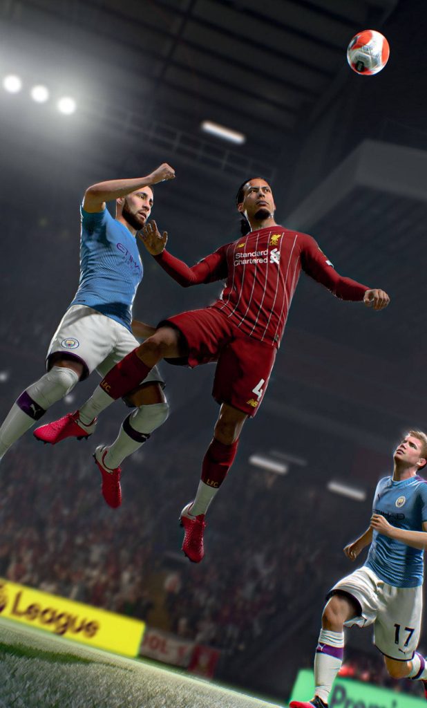 Cinematic FIFA 21 wallpaper Liverpool Van Dijk vs Manchester City Laporte aerial duel with De Bruyne