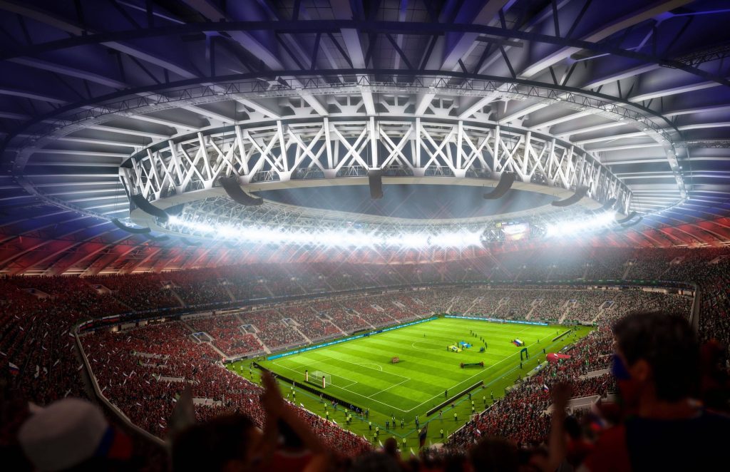 High-angle CGI view of FIFA 21 football stadium with vibrant pitch and bright floodlights Wallpaper