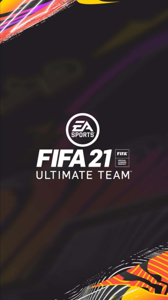FIFA 21 Ultimate Team wallpaper with EA Sports logo and vibrant orange purple strokes on black