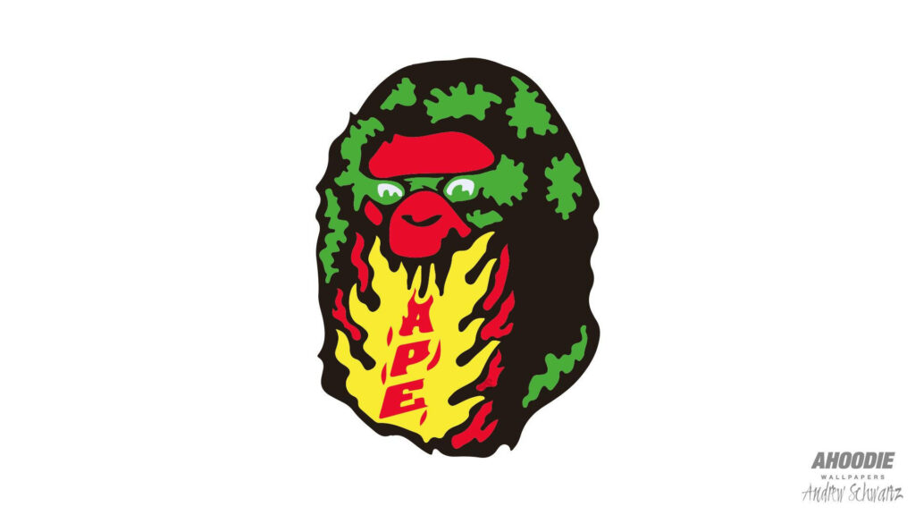 A Bape Logo Wallpaper: Vibrant Camo Flame Design on White Background