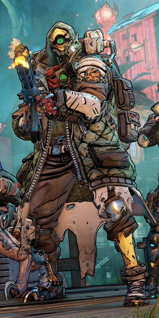 FL4K, the Beastmaster in Borderlands 3, in signature mask with weapons against vibrant background Wallpaper