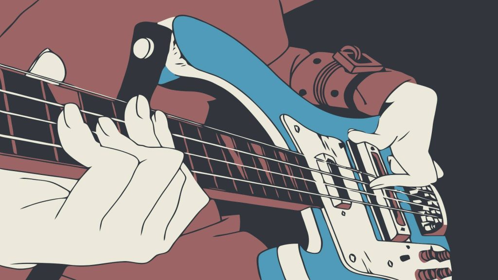 Anime style close up of hands playing vibrant blue Rickenbacker guitar FLCL wallpaper background