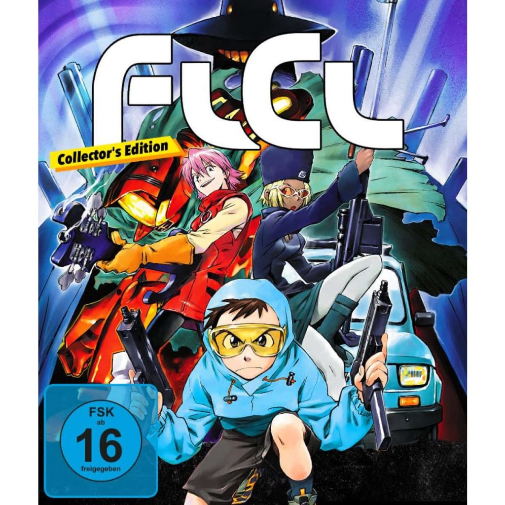 FLCL anime wallpaper with Naota Mamimi Haruko and Canti in vibrant punk rock action scene