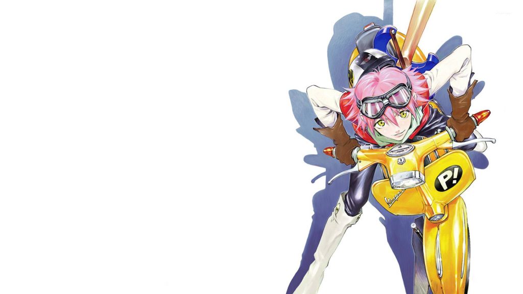 Haruko Haruhara riding yellow Vespa anime wallpaper FLCL vibrant illustration white background