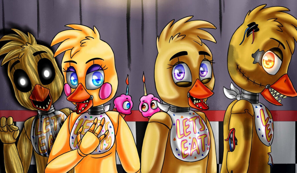 FNAF wallpaper with four unique Chica versions showing playful and eerie worn animatronics