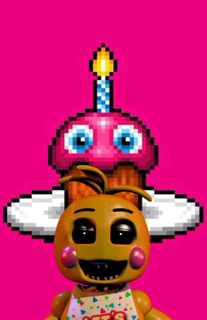 FNAF Chica with signature bib and pixelated cupcake on bold pink retro pixel art wallpaper