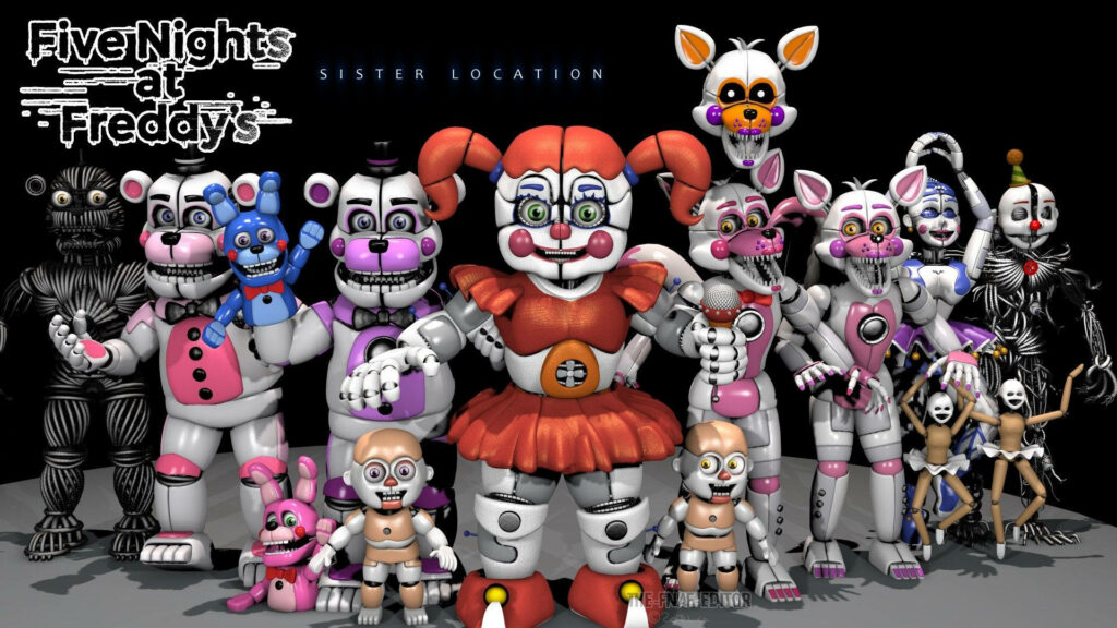 Circus Baby and animatronics FNAF Sister Location vibrant wallpaper dark eerie robotic designs