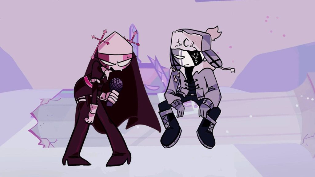 FNF Mid-Fight Masses wallpaper Sarvente with microphone and Ruv sitting on purple background