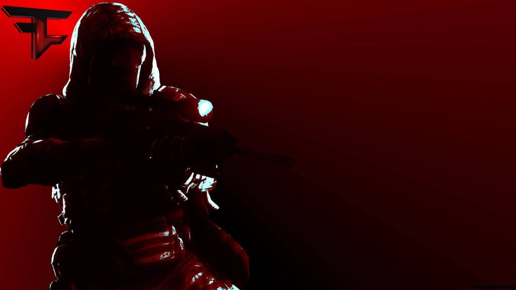 High-contrast FaZe Clan wallpaper with hooded tactical figure and blue rim lighting on red background
