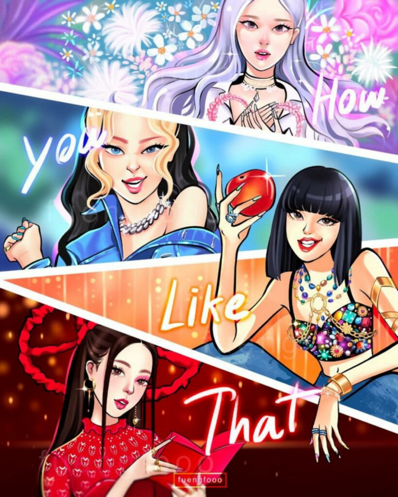 Blackpink's Animated Adventure: A Vibrant Wallpaper showcasing the Fabulous Four in Scenes from 'How You Like That' MV!