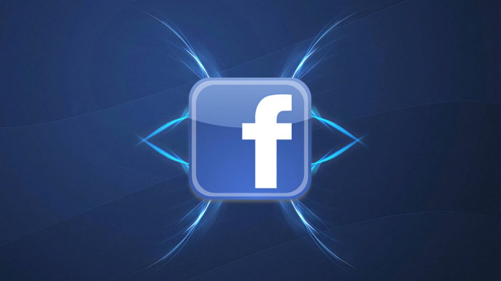 Facebook wallpaper with glossy blue square and glowing electric accents modern tech design