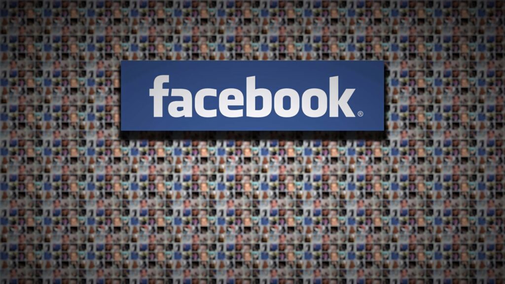 Facebook wallpaper with bold logo on blue mosaic background of blurred user profiles for community