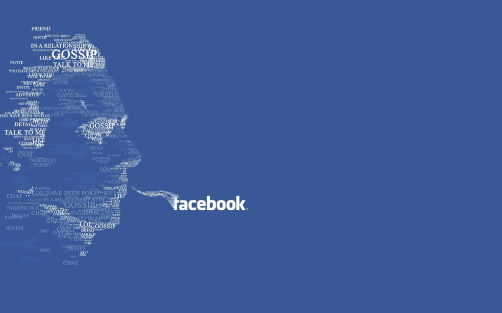 Facebook wallpaper with profile silhouette of social media words and logo on blue background
