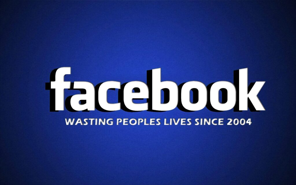 Facebook wallpaper with bold white logo and witty tagline on sleek gradient blue background
