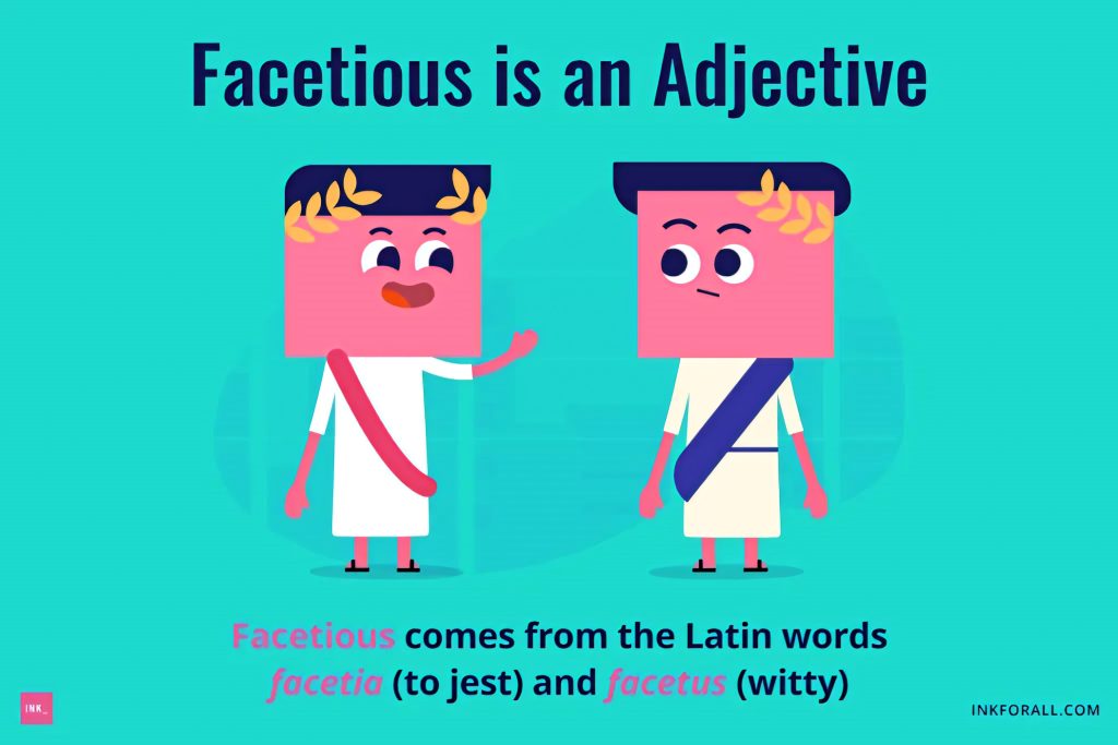 Colorful education wallpaper with pink Roman toga characters teaching the word facetious and Latin roots