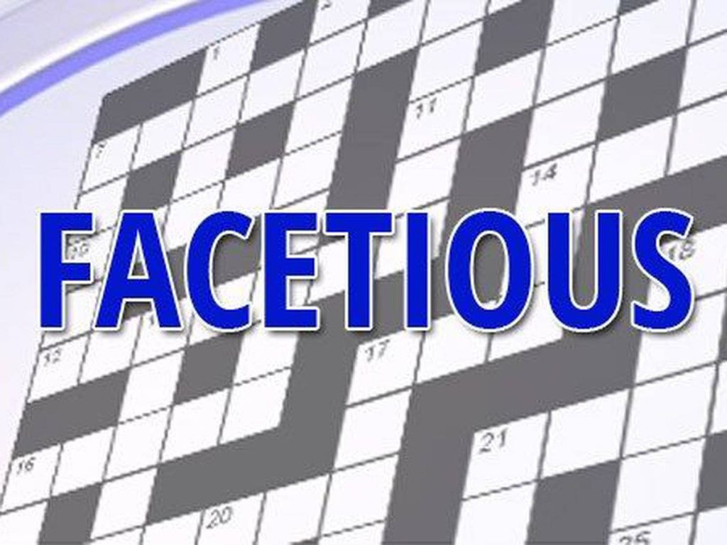 Bold blue word FACETIOUS on black and white crossword puzzle grid educational wallpaper background