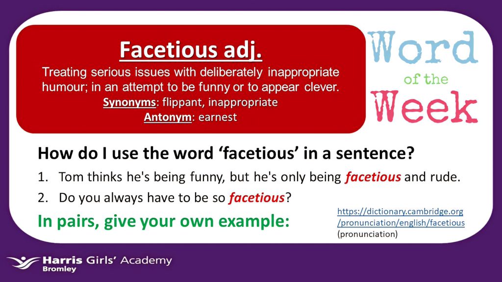 Educational wallpaper for Word of the Week facetious with definitions synonyms antonyms examples