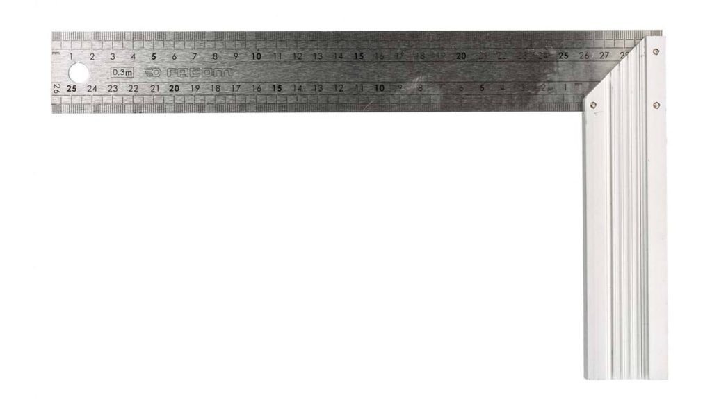 Facom stainless steel try square with laser-etched metric measurements on white background Wallpaper