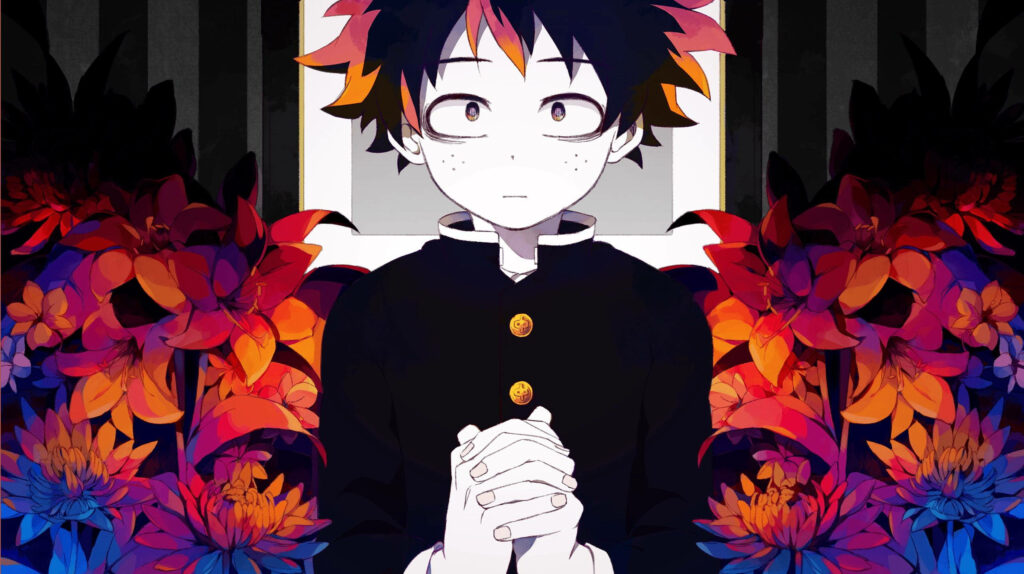 Embracing Sorrow: Deku's melancholic portrait amidst a sea of flowers Wallpaper