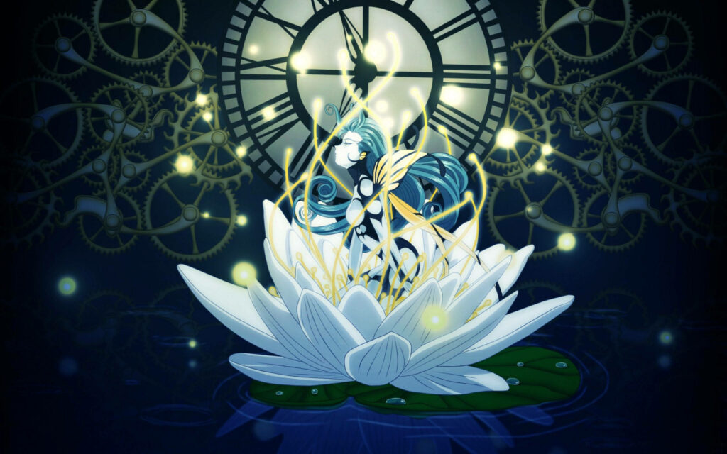 Fairy Morgan from Ah My Goddess rising from white lotus with glowing clockwork gears background Wallpaper
