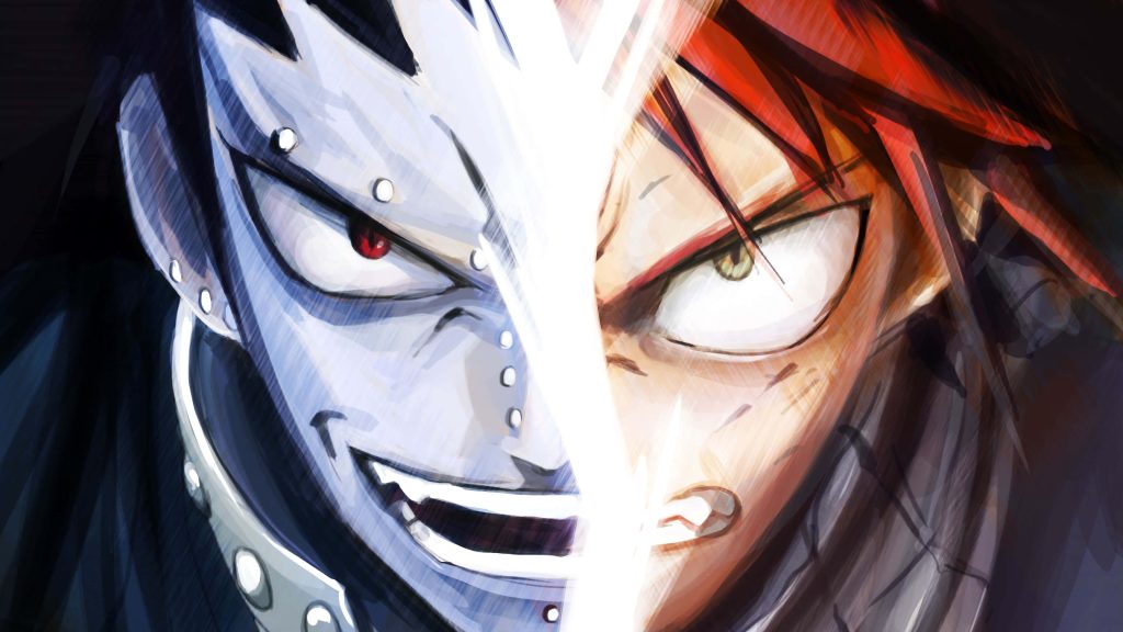 Fairy Tail split-screen wallpaper Gajeel Redfox intense gaze Natsu Dragneel fiery determination