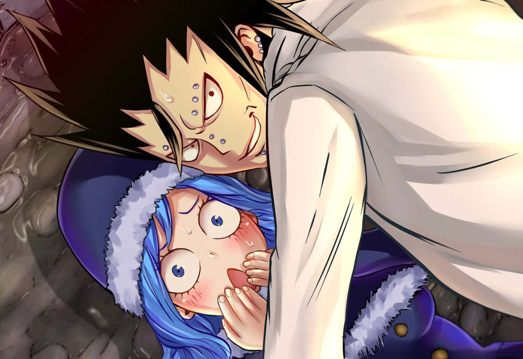 Fairy Tail wallpaper Gajeel Redfox looming over blushing Juvia Lockser blue hair intense scene