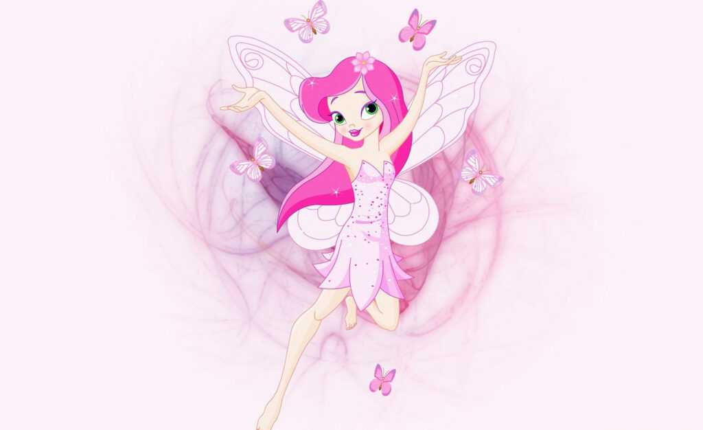 Fairylicious: A Whimsical Cartoon Wallpaper with a Charming Pink Fairy Soaring on a Soft Pink Dreamland