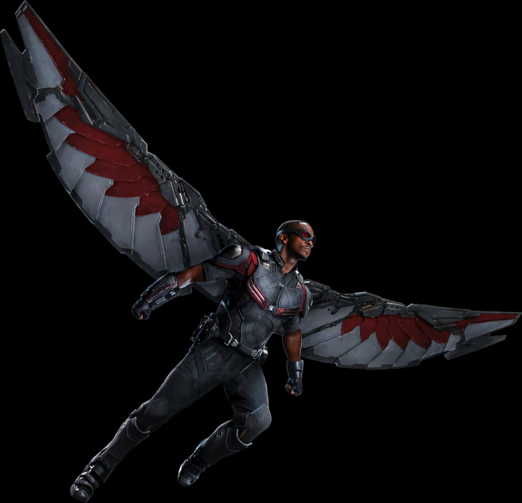Sam Wilson Falcon CGI wallpaper black suit red goggles silver red wings mid-flight background