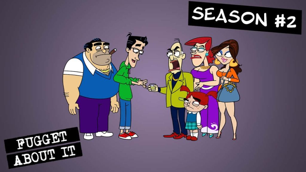 Falcone family from Fugget About It Season 2 cartoon wallpaper with purple background and characters