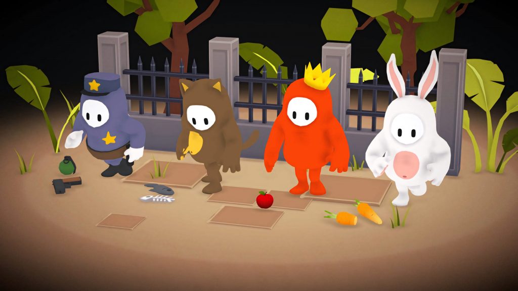 Fall Guys fan art with 3D beans in police cat king and bunny costumes dropping items outdoors Wallpaper