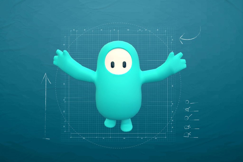 Fall Guys 3D cyan Blue Team character on dark teal blueprint grid with chalk arrows background Wallpaper