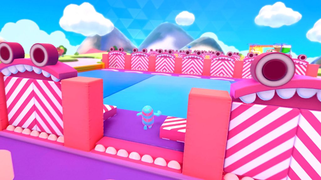 Fall Guys game wallpaper blue pink bean dashing to striped fake doors vibrant cartoon background