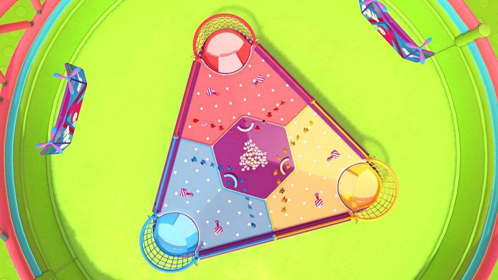 Fall Guys Egg Scramble wallpaper top-down view colorful triangular arena with bean characters