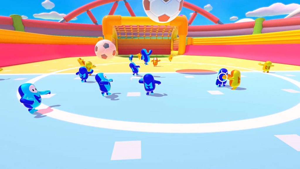 Fall Guys Ultimate Knockout Fall Ball wallpaper vibrant blue yellow beans in inflatable soccer arena