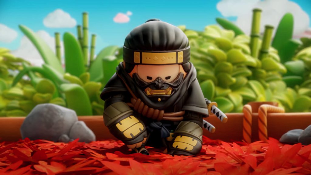 Fall Guys Ghost skin in dark samurai armor crouches on red leaves with bamboo and blue sky Wallpaper