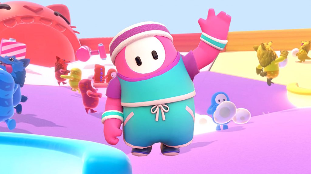 Fall Guys Rookie skin wallpaper vibrant pink bean in teal purple pastel obstacle course background