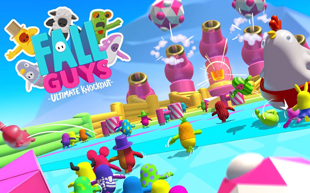 Fall Guys Ultimate Knockout colorful characters in animal skins racing vibrant blue obstacle course Wallpaper